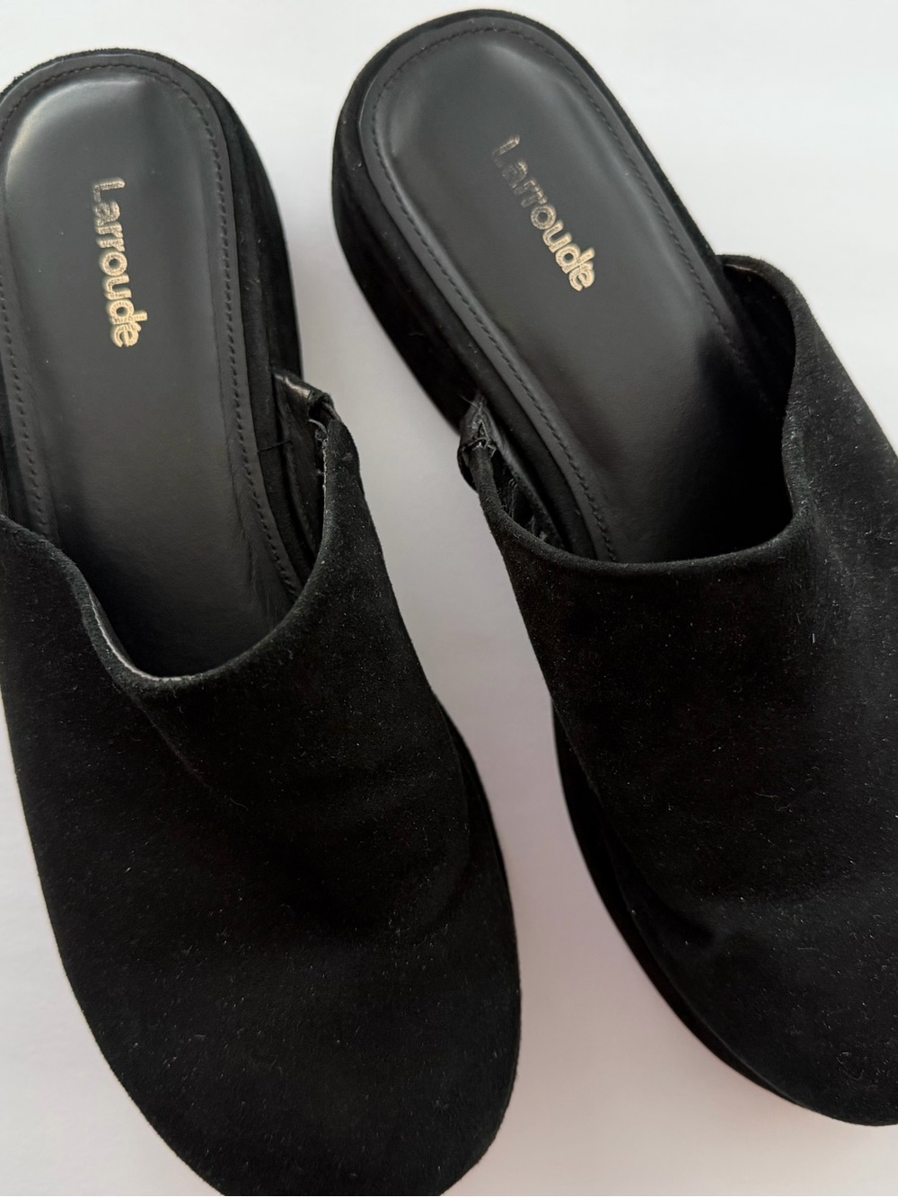 Larroude Black Suede Platform Mules Clogs size 8.5